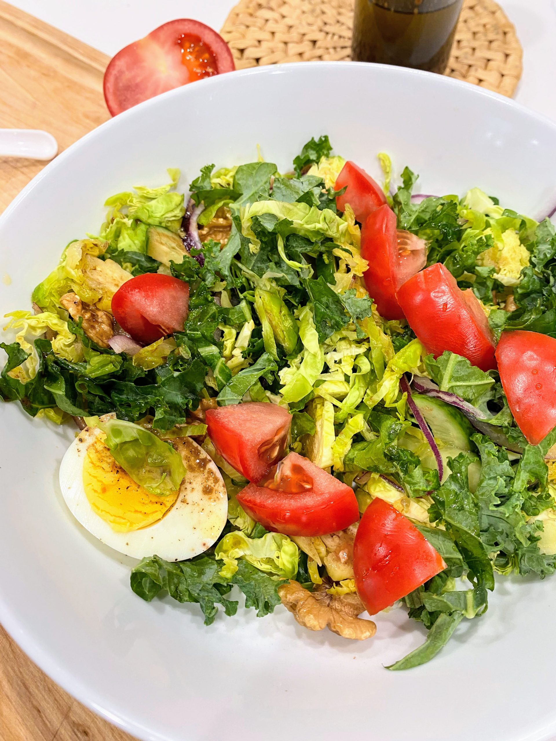 Curly Kale and Brussel Sprout Salad & Easy Balsamic Vinaigrette SoyBasil